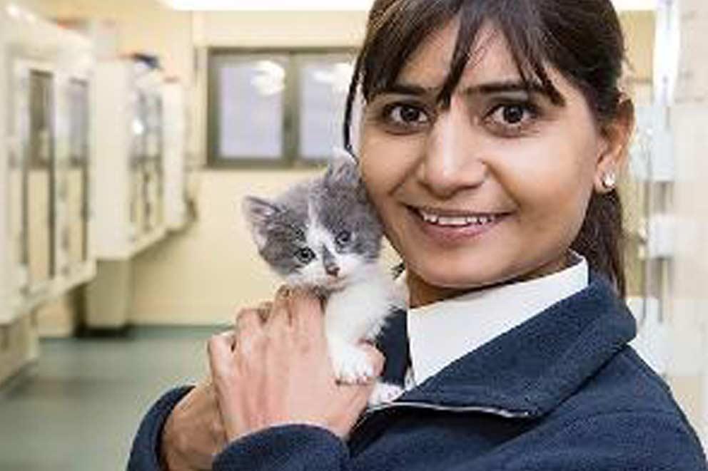 Inspector Herchy Boal holding a kitten on her shoulder.