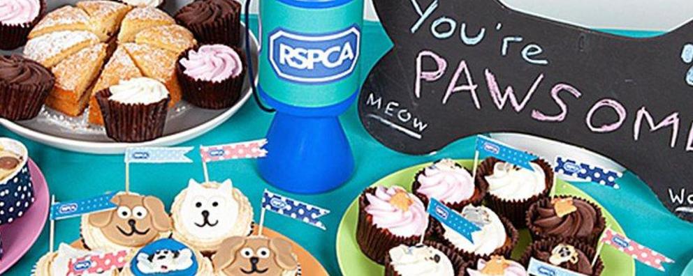 Cake sale and RSPCA collection tin on a table.