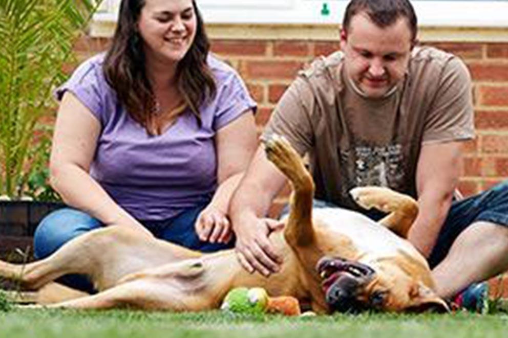 Man and woman playing with a dog in a garden